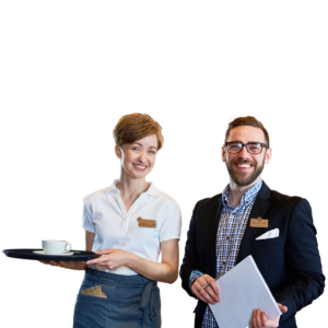 Service Mitarbeiter mit Namensschildern aus Holz